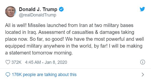 تغريدة ترامب بعد الهجوم الإيراني