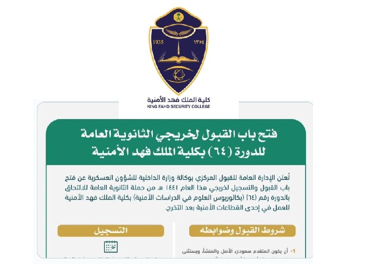 رابط وشروط تقديم كلية الملك فهد الأمنية لخريجي الثانوية 1441 عبر أبشر للتوظيف أراتـبـس
